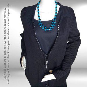 Quacker Factory Black Rhinestone-Zip Ribbed Cardigan in Size X Large
